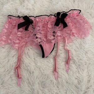 Pink & black sexy lace garter w/clips thong panty